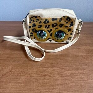 Girls Pebbled Faux Leather Animal Print Big Moving Eyes Talking Zip Shoulder Bag